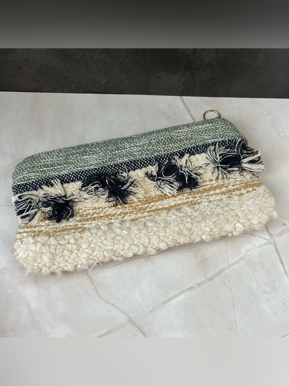 Anthropologie Sage Green, Cream & Black Woven Tassel Clutch